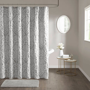 JLA Home Madison Park - Jacquard shower curtain with raised damask medallion weave on stria grey ground, 72x72, washable Silver/Silver MP70-6875