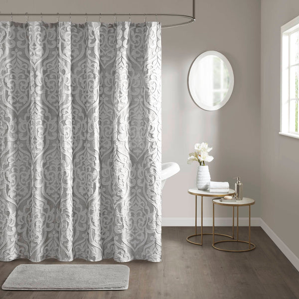 JLA Home Madison Park - Jacquard shower curtain with raised damask medallion weave on stria grey ground, 72x72, washable Silver/Silver MP70-6875