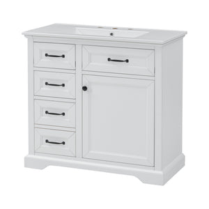 English Elm 36-Inch Modern Bathroom Vanity with Ceramic Basin, 4 Drawers & Soft-Close Door, Pre-Drilled Faucet Ready, Durable MDF and Solid Wood Construction (36"L x 18.3"W x 33.4"H) White N725P296118K