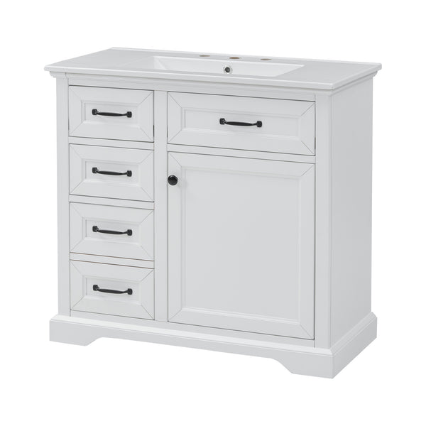 English Elm 36-Inch Modern Bathroom Vanity with Ceramic Basin, 4 Drawers & Soft-Close Door, Pre-Drilled Faucet Ready, Durable MDF and Solid Wood Construction (36"L x 18.3"W x 33.4"H) White N725P296118K