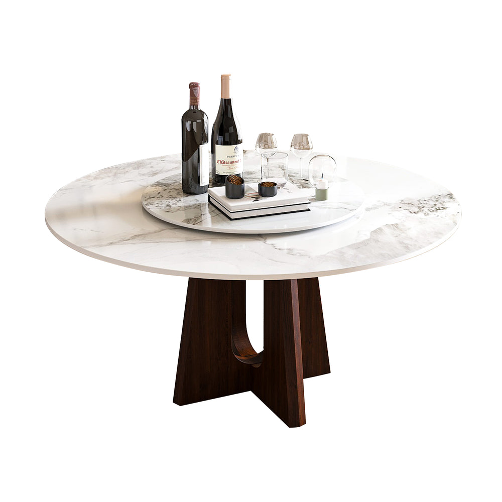 English Elm Modern Round Dining Table - 59" Sintered Stone With Walnut Base & Lazy Susan For 6-8 People W2700S00004