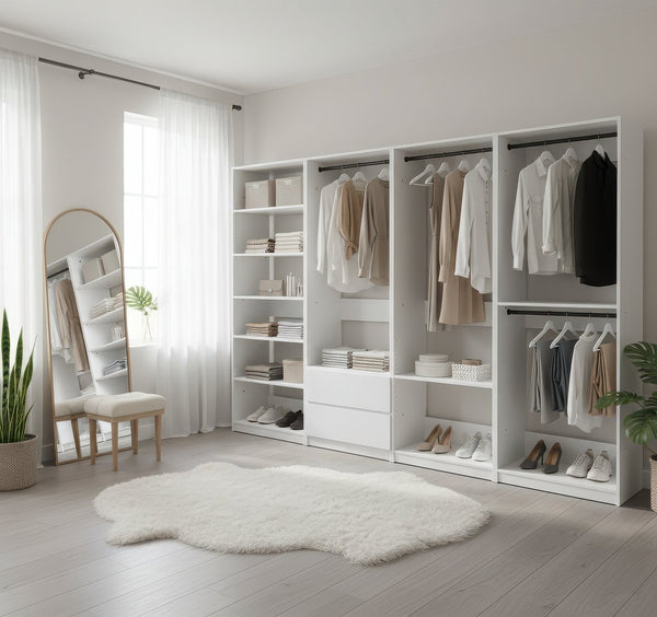English Elm Prosper White Freestanding Walk-In Wood Closet System with Oak Finish, Ample Modular Storage & Easy Assembly B040S00147