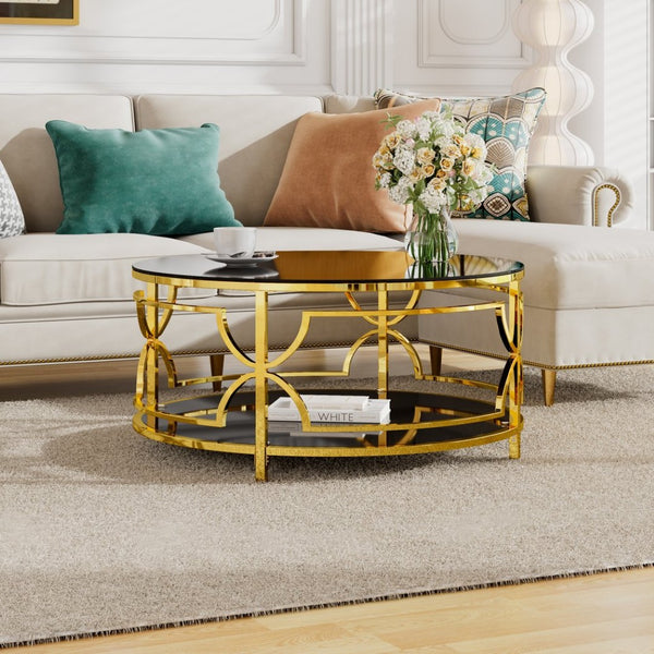 English Elm Round Tempered Glass Coffee Table with Gold Geometric Metal Base and Open Storage Shelf Black N735P396530B