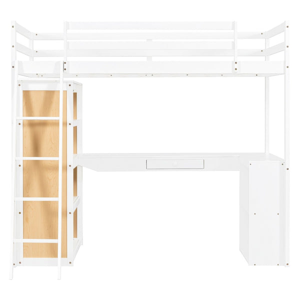 English Elm Twin Loft Bed with Built-in Desk Shelves and Drawer White Pine Study Zone LT100225AAK-1