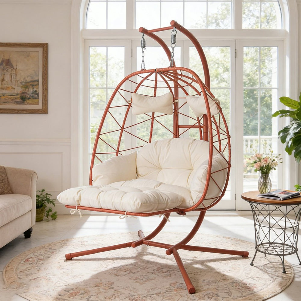 English Elm 2 Person Wicker Hanging Egg Chair with Stand Cushioned Swing for Patio Garden T5880P500224