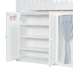 English Elm Twin Loft Bed with Wardrobe Cabinet Led Lighting and Pine Frame for Kids Rooms White N7090002236K