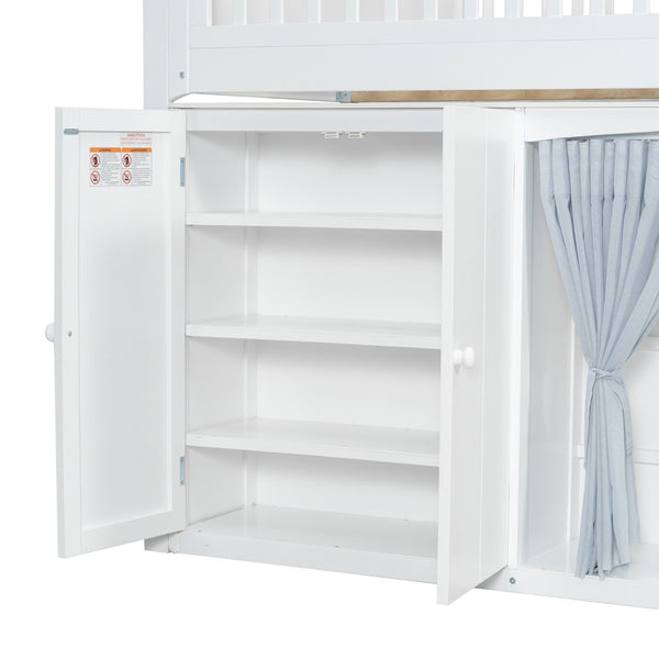 English Elm Twin Loft Bed with Wardrobe Cabinet Led Lighting and Pine Frame for Kids Rooms White N7090002236K