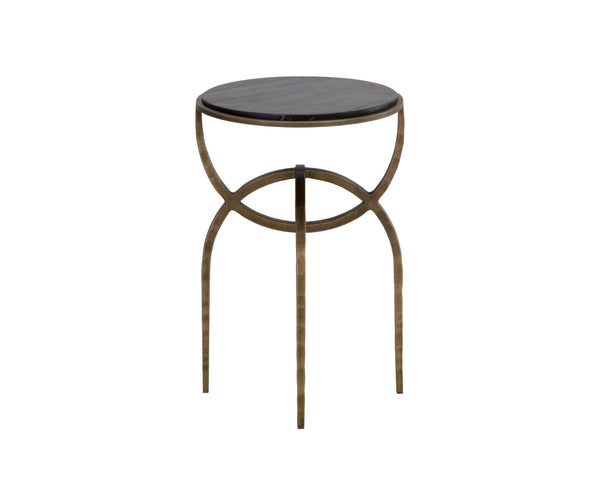 Sunpan Alicent End Table - Stunning Round Marble Top with Antique Brass Iron Base, Handcrafted Elegance Black Marble