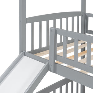 English Elm Twin Over Solid Wood House Bunk Bed with Built-in Slide and Gray Finish LT100213AAE-1