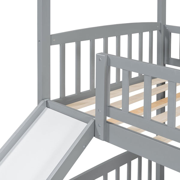 English Elm Twin Over Solid Wood House Bunk Bed with Built-in Slide and Gray Finish LT100213AAE-1