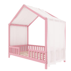 English Elm Montessori House Bed Frame Twin with Canopy & Full Guardrails, Cozy Kids Platform Bed for Toddlers Pink 81.5 L x 16 W x 6.6 H N733P356043H