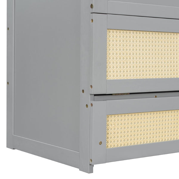 English Elm Full Size Murphy Wall Bed Cabinet with Rattan Panel Detailing and Storage Drawers Gray N708P336203E