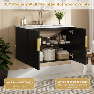 English Elm 30" Vintage Bathroom Vanity with Ceramic Sink — Wall-Mount MDF & Solid Wood Cabinet, Storage, Sleek Finish Black N710P214100B