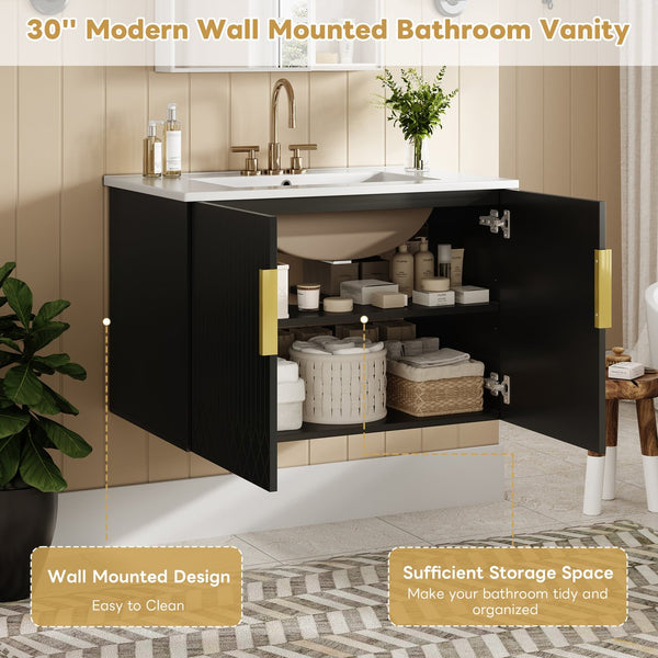 English Elm 30" Vintage Bathroom Vanity with Ceramic Sink — Wall-Mount MDF & Solid Wood Cabinet, Storage, Sleek Finish Black N710P214100B