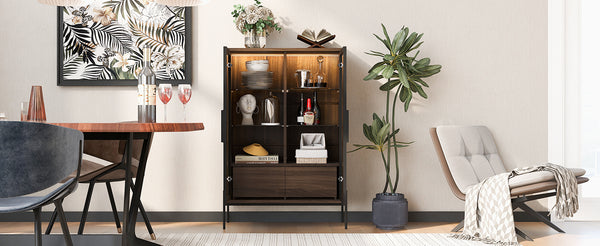 English Elm 51.2'' Freestanding Display Cabinet With Led Lights, Adjustable Glass Shelves & Hidden Storage – Walnut N845P261794D