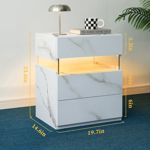 English Elm Led Nightstand with Rgb Acrylic Glow Panel Three Drawers Walnut Bedroom Table Stone White W2178P412304