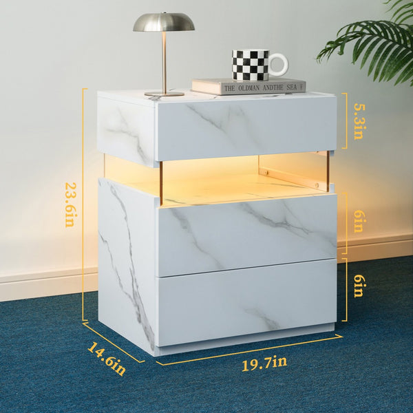 English Elm Led Nightstand with Rgb Acrylic Glow Panel Three Drawers Walnut Bedroom Table Stone White W2178P412304