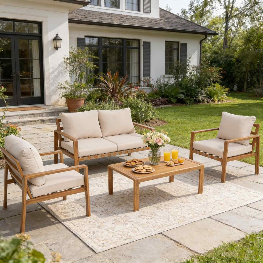English Elm 4-piece Outdoor Patio Set Aluminum Frame Wood Grain Finish with Cushioned Seating T5880S00016