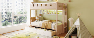 English Elm Twin Castle Bunk Bed with Led Lighting Built-in Shelf and Storage Drawers for Kids White LT000158AAK