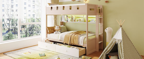 English Elm Twin Castle Bunk Bed with Led Lighting Built-in Shelf and Storage Drawers for Kids White LT000158AAK