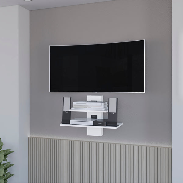 English Elm Minot Modern Floating Shelf Dual-Tier Wall Unit with Cable Management Covers, White MDF Finish B128P176177