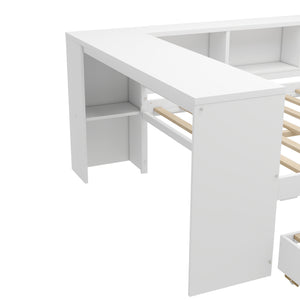 English Elm Full Size Daybed With Trundle & Desk, Solid Pine Frame, Storage Drawers, Modern White Design W1580S00205