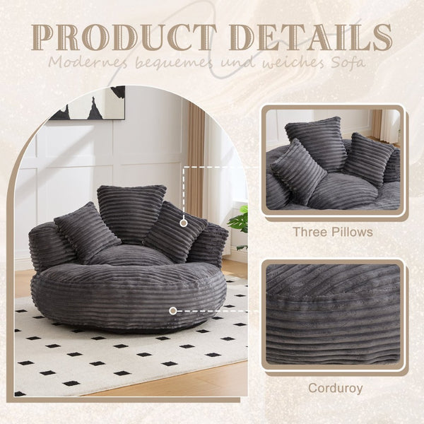 English Elm Bean Bag Sofa Oversized Corduroy Floor Lounge Chair with Armrests Pillows Foam Fill Dark Gray W395P426814