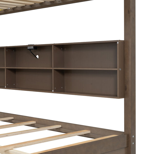 English Elm Queen Over Bunk Bed Solid Pine Cabin Frame with Storage and Usb Charging Wood GX000399AAD