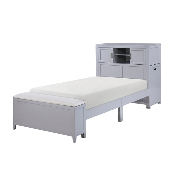 English Elm Gray Twin Platform Bed with Bookcase Headboard Hidden Desk Stool and Footboard Bench Gray B011S02323