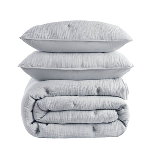 English Elm 3-piece Cotton Muslin Quilt Set Crinkled Texture Embroidered Tacking Breathable Bedding Blue B035P408345