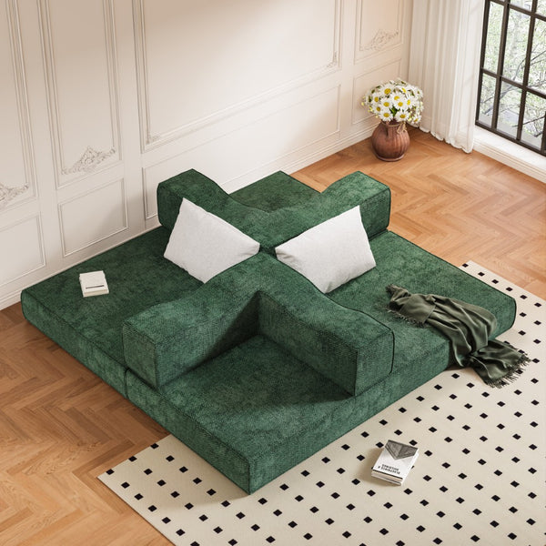 English Elm 80" Chenille Folding Floor Sofa Converts to King Sleeper with Modular Repositionable Arms Green W1885P204178