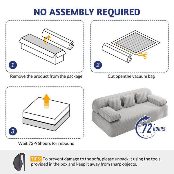 English Elm 78.7" Frameless Convertible Corduroy Sofa Sleeper Queen Bed for Compact Living Spaces Light Grey W3219P427164