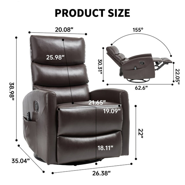 English Elm Heat Massage Rocker Swivel Recliner with 8-node Vibration and Lumbar Relief W3224P321865