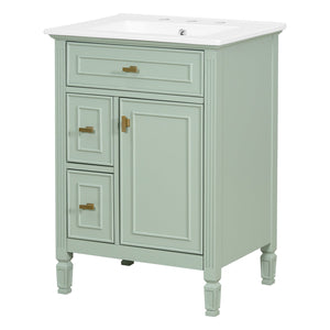English Elm 24-Inch Bathroom Vanity with Sink, Solid Wood & MDF, Ceramic Top, Gold Handles, Flip Drawer Design Green N725P350824F