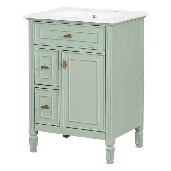 English Elm 24-Inch Bathroom Vanity with Sink, Solid Wood & MDF, Ceramic Top, Gold Handles, Flip Drawer Design Green N725P350824F