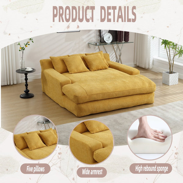 English Elm COOLMORE Chenille 2-Seater Lazy Sofa with 5 Supportive Back Pillows, Deep Seat Couch for Lounge Mustard yellow W395P197934