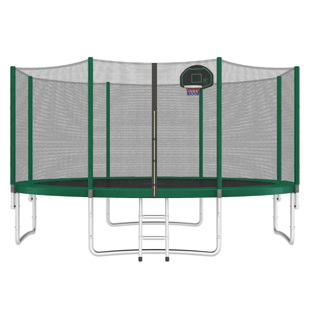 English Elm 14ft Round Backyard Trampoline with Enclosed Safety Net Basketball Hoop and Ladder Green N739S000003F