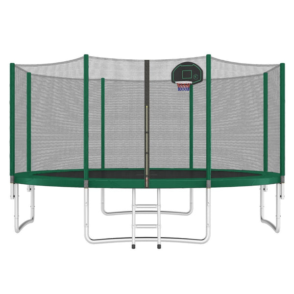 English Elm 14ft Round Backyard Trampoline with Enclosed Safety Net Basketball Hoop and Ladder Green N739S000003F
