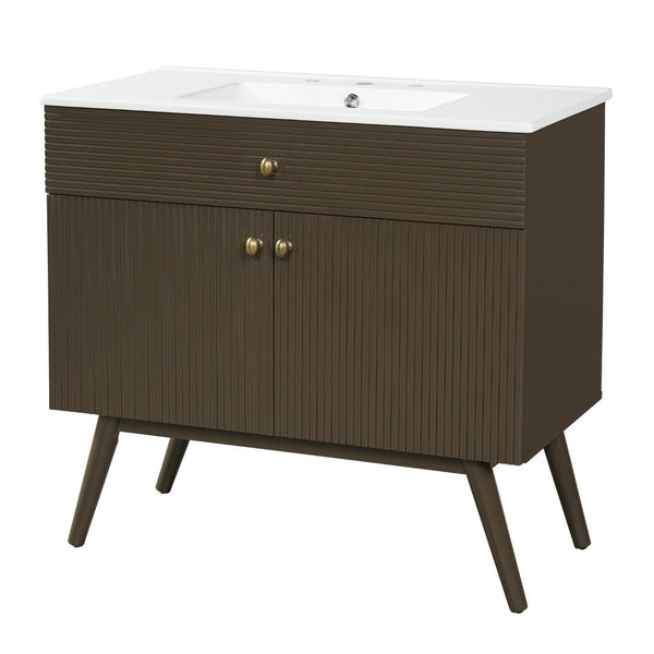 English Elm 36" Freestanding Bathroom Vanity Striped Mdf Cabinet Brass Hardware Ceramic Basin N765P387198D