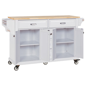 English Elm Kitchen Island durable rubberwood countertop kitchen cart on casters with towel rack, spice shelf, 5 drawers and adjustable shelving for organized meal prep and mobility White W914S00002