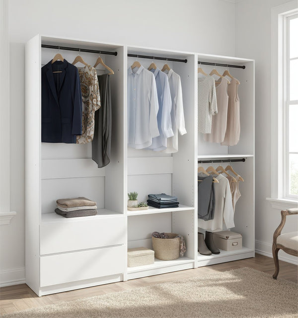 English Elm Prosper Freestanding White Wood Walk-In Closet System – Durable Melamine, Oak Finish, Modular Storage Elegance B040S00143
