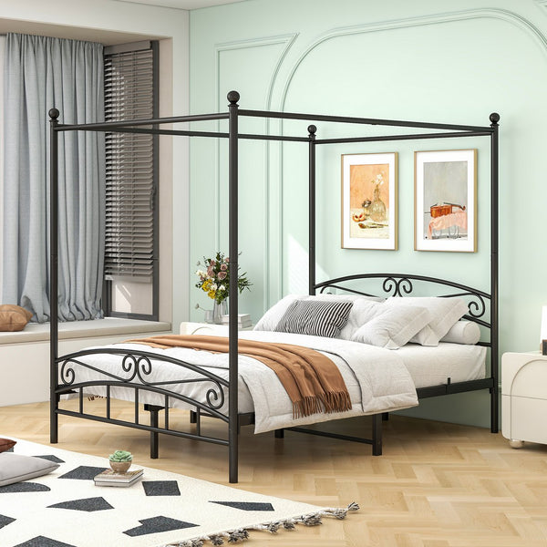 English Elm Queen Metal Canopy Bed Frame with Headboard & Footboard, Black Steel, 500lb Capacity, 12.4" Storage W84034157
