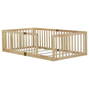 English Elm Twin House Frame Floor Bed Rubberwood with Roof Canopy and Safety Rails for Kids Natural W504P429531