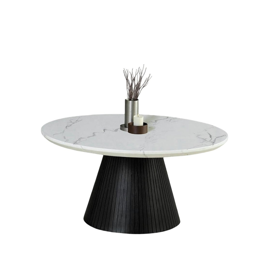 English Elm Contemporary Round Cocktail Table With Faux Marble Top & Black Reeded Drum Base For Modern Living B2741S00615