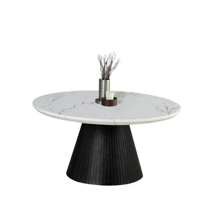 English Elm Contemporary Round Cocktail Table With Faux Marble Top & Black Reeded Drum Base For Modern Living B2741S00615