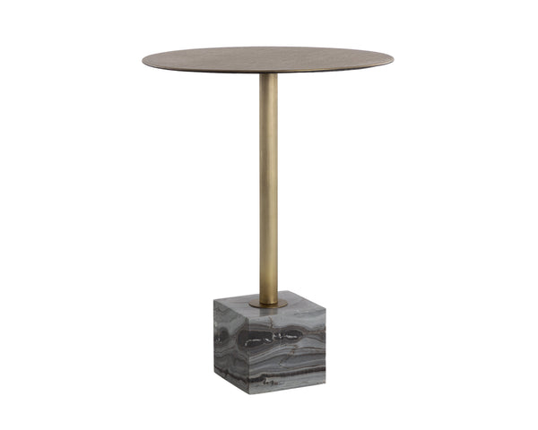 Sunpan Kata Bar Table - Opulent Antique Brass Frame with Unique Mesh Design and Elegant Marble Base Grey Marble
