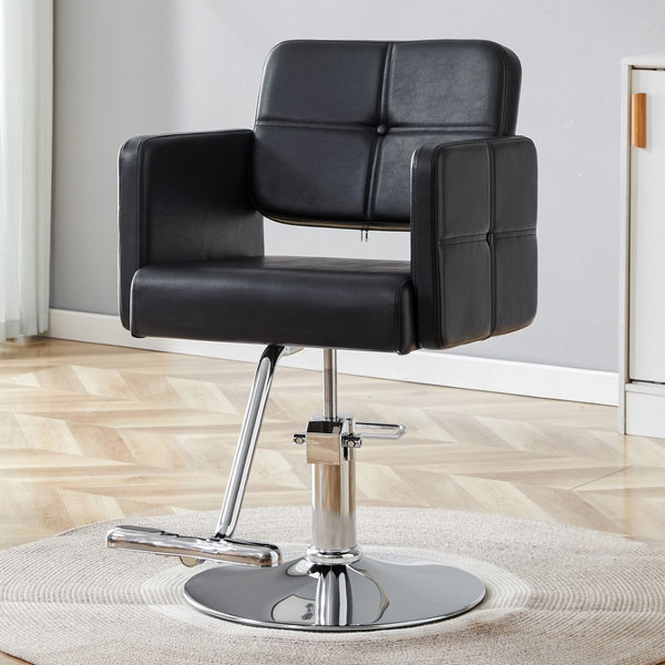 English Elm Fashionable Hydraulic Salon Chair Black Pu Leather Swivel Seat for Styling Studios W1151P361700