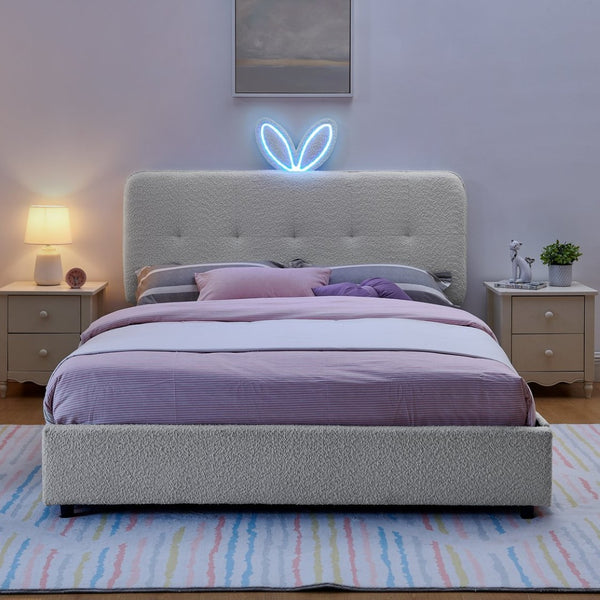 English Elm Queen Boucle Upholstered Kids Bed with Rabbit Ear Headboard Led Lighting Storage Drawers Beige W1413P384927