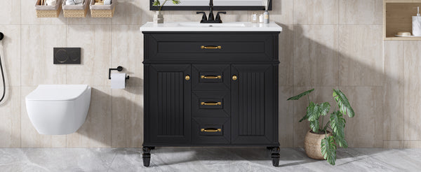 English Elm 36 Inch Bathroom Vanity with Ceramic Sink, Durable MDF & Solid Wood Frame, Soft-Close Doors, Luxe Handles, Ample Organized Storage, Modern Freestanding Design Black N725P314034B