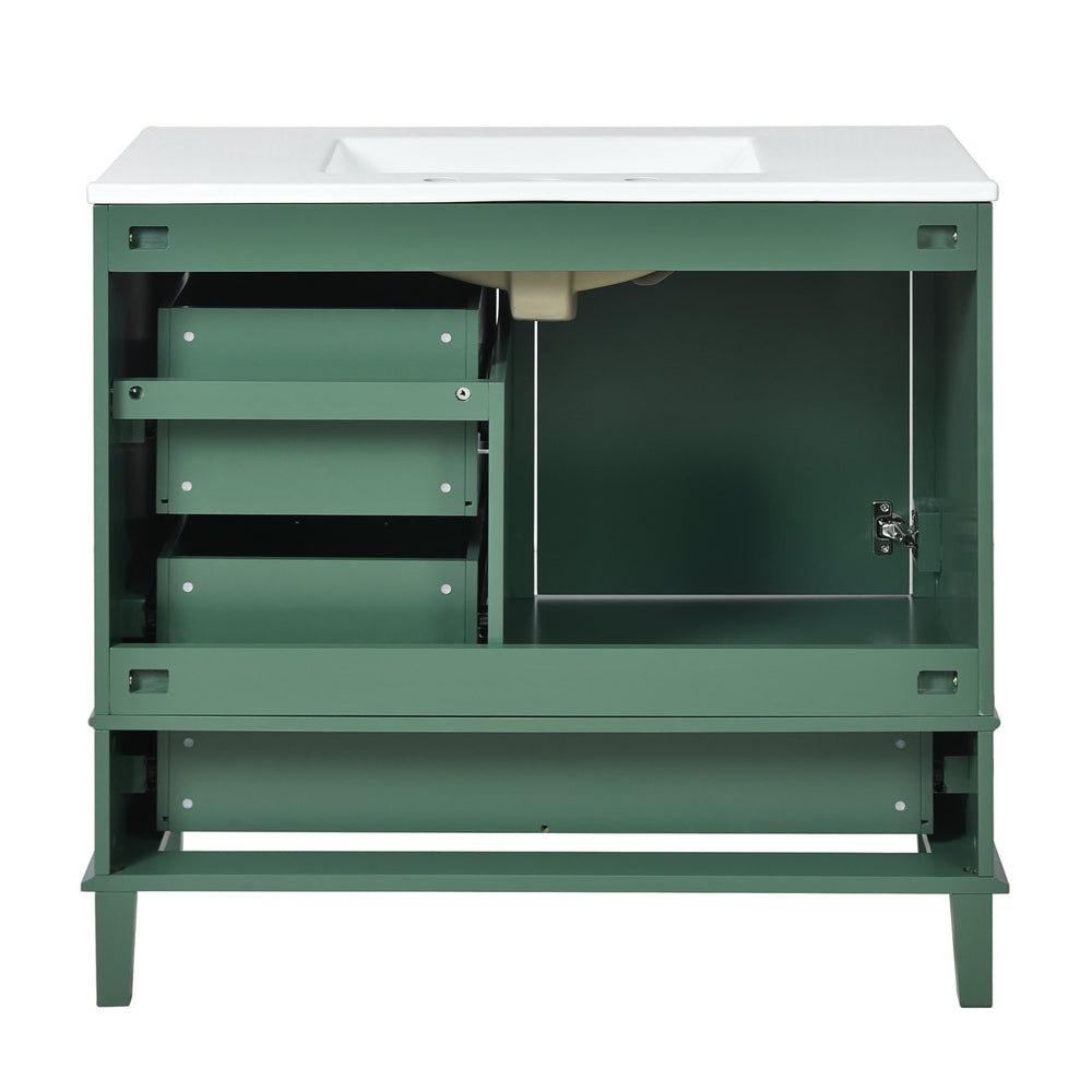 English Elm 36" Green Bathroom Vanity Solid Pine Frame with Soft-Close Door, 3 Varied Drawers & Ceramic Top N729P211167F